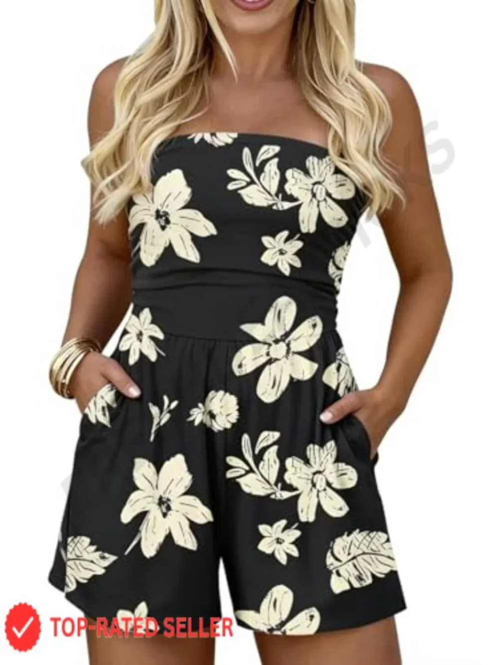 Off Shoulder Floral Printed High-Waist Romper with Pockets Strapless Tube